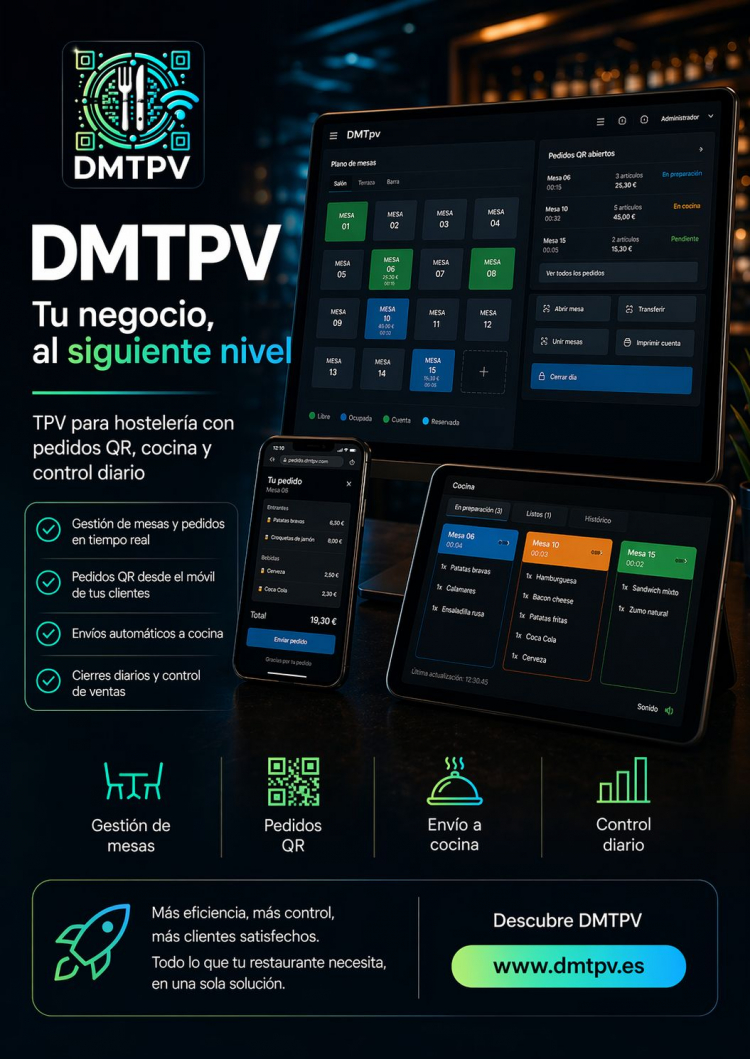 DMTPV – TPV PARA HOSTELERíA CON PEDIDOS QR, COCINA Y CONTROL TOTAL DEL NEGOCIO